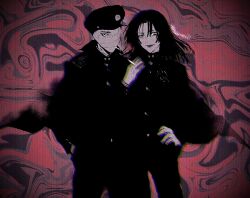 2boys abstract_background bandaged_head bandages black_cape black_hair black_jacket black_pants cape chromatic_aberration cigarette commentary_request covered_face cowboy_shot distortion gakuran geminism hand_in_pocket hand_on_own_hip hand_up highres holding holding_cigarette jacket long_hair long_sleeves looking_at_viewer male_focus mouth_hold multiple_boys one_eye_covered open_mouth pants red_background school_uniform smirk smoking standing tsukishiro_tsukishiro uneven_eyes yamaga_awasumi zonsters