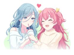 2girls :d blue_eyes blue_hair closed_eyes commentary cup disposable_cup drinking_straw fang grass_(grassrune) hands_up heart hinomori_shizuku holding holding_cup long_hair long_sleeves mole mole_under_mouth momoi_airi multiple_girls open_mouth pink_hair project_sekai ribbon short_twintails smile sweater turtleneck turtleneck_sweater twintails upper_body yellow_ribbon yellow_sweater