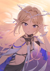 Rule 34 | 1girl, absurdres, bare shoulders, black collar, black dress, blonde hair, blue eyes, breasts, cartethyia (wuthering waves), collar, commentary, cowboy shot, crown of thorns, dress, earrings, hand up, highres, jewelry, karadborg, long hair, looking at viewer, medium breasts, necklace, parted lips, pointy ears, sideboob, sidelocks, solo, tabard, tacet mark (wuthering waves), very long hair, white tabard, wuthering waves