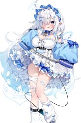 1girl ahoge apron baby_bottle bandaged_leg bandages bandaid bandaid_on_breast bandaid_on_leg belt black_belt blue_hair blue_jacket blue_skirt blush bottle bra breasts chihiro_(khorosho) cleavage cross cross_necklace demon_tail detached_collar detached_sleeves frilled_apron frills gradient_hair hair_ornament hair_over_one_eye hairclip halo highres jacket jewelry large_breasts long_hair long_sleeves looking_at_viewer loose_socks maid multicolored_hair necklace no_panties open_mouth original pointy_ears purple_eyes skirt sleeves_past_wrists socks solo tail underwear very_long_hair white_apron white_bra white_hair