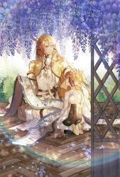 1boy 1girl absurdres alternate_hairstyle backless_outfit black_dress blonde_hair blue_eyes boots brown_hair buddha&#039;s_temptation_(the_tale_of_food) bush butterfly_hair_ornament changpao chinese_clothes closed_mouth corsage dappled_sunlight double-parted_bangs dress eye_contact falling_petals female_master_(the_tale_of_food) flower full_body hair_between_eyes hair_ornament headpat heterochromia highres holding holding_scroll jacket kocona layered_sleeves long_bangs long_hair long_sleeves looking_at_another male_focus petals profile purple_flower red_eyes robe scroll seiza shoe_soles shrug_(clothing) sitting smile sunlight the_tale_of_food trellis twintails white_footwear white_robe white_sleeves wide_sleeves wing_hair_ornament wisteria wooden_floor yellow_jacket