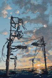 broken_cable cloud cloudy_sky flood hisachan55cute horizon no_humans original pixel_art power_lines reflection reflective_water ruins scenery sky sky_focus sunrise utility_pole water