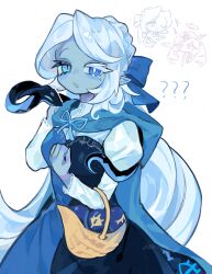 2girls 8042_new absurdres blue_dress blue_skin colored_skin commentary cookie_run cookie_run:_kingdom dress english_commentary eternal_sugar_cookie heterochromia highres long_hair looking_at_viewer multiple_girls shadow_milk_cookie shadow_milk_cookie_(female) slit_pupils smile solo very_long_hair white_hair