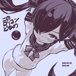 1girl arms_behind_head backbeako_(torotei) backbeard barefoot blue_background blue_theme blush bottomless closed_mouth commentary_request dated dated_commentary dutch_angle feet_out_of_frame gegege_no_kitarou hair_over_one_eye hair_ribbon kono_lolicon_domome long_hair looking_at_viewer looking_up monochrome naughty_face neckerchief original paid_reward_available petite pointy_ears ribbon sailor_collar sailor_shirt shirt short_sleeves simple_background smile solo standing torotei translated twintails watermark web_address
