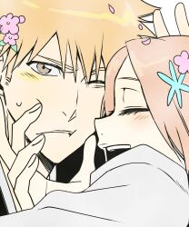 Rule 34 | 1boy, 1girl, absurdres, bleach, bleach: sennen kessen-hen, blush, brown eyes, closed eyes, couple, flower, hair between eyes, happy, hetero, highres, inoue orihime, kurosaki ichigo, n (nauki 11), one eye closed, orange hair, portrait, spiked hair, teeth, upper teeth only