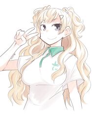 1girl blonde_hair collared_shirt commentary_request grey_eyes hair_ornament hairclip highres honketsu kantai_collection long_hair minneapolis_(kancolle) minneapolis_(tennis)_(kancolle) polo_shirt shirt simple_background smile solo two_side_up v white_background white_shirt
