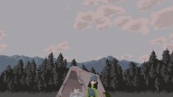 1girl animated animated_gif blue_hair bonchi-pixel cloud day hair_bun mountainous_horizon outdoors pixel_art shima_rin short_hair sky solo squatting tent tree yurucamp