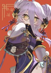 1girl ahoge bell black_bow bow china_dress chinese_clothes chinese_knot closed_mouth double_bun dress flower_knot glasses grey_hair hair_bell hair_between_eyes hair_bow hair_bun hair_ornament henya_the_genius henya_the_genius_(kung-fu_henya) neruneu_u pankou pom_pom_(clothes) purple_dress red_background round_eyewear sleeves_past_wrists solo tassel virtual_youtuber vshojo yellow_eyes
