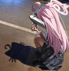 1girl absurdres ahoge black_shoes black_skirt blue_archive cat_shadow_puppet_(meme) commentary_request double_w full_body halo hands_up highres hoshino_(blue_archive) korean_commentary long_hair long_sleeves outdoors photo-referenced photo_background pink_hair pink_halo plaid_clothes plaid_skirt pleated_skirt rirua_(kjom802) road shoes sidelighting skirt solo squatting w