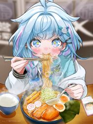 +_+ 1girl ahoge artist_name blue_eyes blue_hair blue_shirt blush bowl braid cellphone chopsticks eating egg food highres holding holding_chopsticks hololive hololive_dev_is jacket long_hair mizumiya_su nishi_ao noodles phone ramen rice_bowl shirt smartphone spoon virtual_youtuber white_jacket