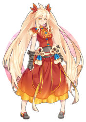 1girl aoiro_69 arms_at_sides black_footwear black_gloves blaziken bow breasts creatures_(company) dress female_focus full_body game_freak gen_3_pokemon gloves gold_trim hair_bow highres long_hair looking_at_viewer nintendo personification pointy_ears pokemon red_dress short_sleeves sidelocks simple_background small_breasts solo standing twintails very_long_hair white_background yellow_eyes