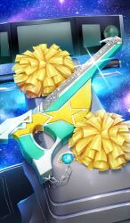 commentary diffraction_spikes fate/grand_order fate_(series) galaxy glint gun motor_vehicle no_humans official_art pom_pom_(cheerleading) scooter space star_(sky) starry_sky_background still_life tatsuyo third-party_source weapon weapon_focus weapon_request