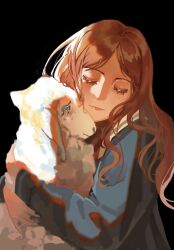 1girl animal animal_hug bang_dream! bang_dream!_it&#039;s_mygo!!!!! black_background blue_shirt brown_hair chinese_commentary closed_eyes closed_mouth commentary_request facing_viewer highres hug long_hair long_sleeves nagasaki_soyo qi_yuan_(5515466313) sailor_collar school_uniform sheep shirt sidelocks simple_background smile solo tsukinomori_school_uniform upper_body white_sailor_collar winter_uniform