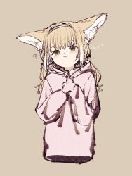 1girl ? alternate_costume animal_ears arknights blonde_hair closed_mouth fox_ears fox_girl green_eyes hairband highres hood hoodie long_sleeves niwatori_(akira_207) pink_hoodie simple_background sketch sleeves_past_wrists solo suzuran_(arknights)