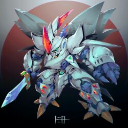 Rule 34 | chibi, cybuster, green eyes, highres, holding, holding sword, holding weapon, mecha, robot, solo, super robot wars, super robot wars original generation, super robot wars the lord of elemental, sword, toomiro, weapon