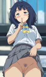 1girl absurdres blue_eyes blue_hair blush breasts censored clothes_lift female_pubic_hair finger_to_mouth half-closed_eyes highres large_breasts legs lifting_own_clothes looking_at_viewer make_heroine_ga_oo_sugiru! medium_hair naughty_face presenting pubic_hair pussy school_uniform shushing skirt skirt_lift smile solo thighs yanami_anna