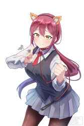 1girl absurdres animal_ear_hairband animal_ears bad_girl_(manga) black_pantyhose black_vest blush cat_ear_hairband cat_ears closed_mouth collar commentary_request cowboy_shot fake_animal_ears grey_skirt hairband highres holding holding_leash index_finger_raised leash mizutori_atori mutsuki_(mutsuki0110) necktie orange_eyes pantyhose pleated_skirt red_collar red_hair red_necktie shirt simple_background skirt solo sweatdrop vest white_background white_shirt