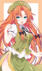 Rule 34 | 1girl, black bow, blue eyes, blush, bow, braid, china dress, chinese clothes, dress, green vest, hat, hat ornament, highres, hong meiling, long hair, looking at viewer, open mouth, red hair, shirt, short sleeves, side slit, solo, star (symbol), star hat ornament, tanaka shoushou fumimaro, touhou, twin braids, vest, white shirt