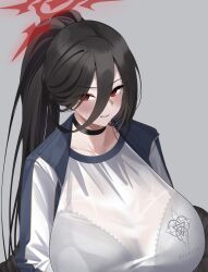 1girl absurdres black_bra black_choker black_hair blue_archive blue_jacket blush bra bra_visible_through_clothes breasts choker closed_mouth commentary double-parted_bangs embarrassed eyes_visible_through_hair grey_background gym_shirt gym_uniform hair_between_eyes halo hasumi_(blue_archive) hasumi_(track)_(blue_archive) highres huge_breasts jacket lace lace-trimmed_bra lace_trim long_hair long_hair_between_eyes looking_at_viewer mole mole_under_eye nemuslyp official_alternate_costume open_clothes open_jacket ponytail red_eyes red_halo see-through_clothes see-through_shirt shirt simple_background solo sweat track_jacket trinity_general_school_logo underwear upper_body white_jacket white_shirt