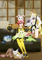 Rule 34 | aiba ami, black eyes, blonde hair, blue eyes, coffee, digimon, digimon story: cyber sleuth, glasses on head, goggles, goggles on head, hagurumon, kuremi kyouko, long hair, lopmon, palmon, pixiv user (28461656), red hair, sidetail, tailmon, terriermon, wanyamon