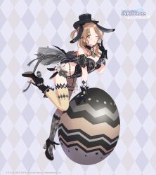 Rule 34 | 1girl, asymmetrical legwear, breasts, cleavage, easter egg, egg, english text, flower, gloves, hat, high heels, holding, ichikawa hinana, idol clothes, idolmaster, idolmaster shiny colors, idolmaster shiny colors song for prism, official art, one eye closed, solo