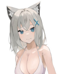 1girl akinoji_(akiponpon27) animal_ear_fluff animal_ears blue_archive blue_eyes bra breasts bright_pupils closed_mouth collarbone commentary_request cross_hair_ornament crossed_bangs grey_hair hair_between_eyes hair_ornament highres large_breasts mismatched_pupils shiroko_(blue_archive) simple_background smile solo underwear white_background white_bra white_pupils wolf_ears