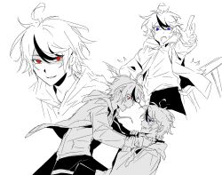 2boys ahoge blue_eyes hair_between_eyes highres hood hoodie jacket limited_palette long_sleeves looking_at_another looking_at_viewer looking_down looking_up male_focus messy_hair multiple_boys open_mouth red_eyes simple_background strangling sumino_takumi takumi-g_(hundred_line) teeth the_hundred_line_-last_defense_academy- white_background