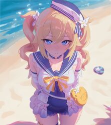 1girl absurdres barbara_(genshin_impact) barbara_(summertime_sparkle)_(genshin_impact) bare_shoulders beach blonde_hair blue_eyes blue_one-piece_swimsuit blue_sailor_collar blush bow bowtie breasts daniel_deves detached_sleeves dress_swimsuit genshin_impact hat highres long_hair looking_at_viewer medium_breasts one-piece_swimsuit sailor_collar sailor_hat shore solo swimsuit thigh_strap thighs twintails two-tone_swimsuit white_hat white_one-piece_swimsuit