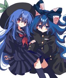2girls black_hat black_jacket black_pants blue_bow blue_eyes blue_hair blue_serafuku blue_shirt blue_skirt bow buttons collared_shirt furiba_794 gakuran hair_between_eyes hair_bow hat highres hinanawi_tenshi jacket long_hair multiple_girls pants pleated_skirt red_bow red_eyes school_uniform serafuku shirt simple_background sitting skirt smile touhou very_long_hair very_long_sleeves white_background yorigami_shion