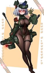 1girl bodystocking camouflage_leotard covered_navel glasses gloves green_gloves grey_hair highres holding leotard mecha_musume original red_hair round_eyewear short_hair shrug_(clothing) turtleneck_shrug wkorspol