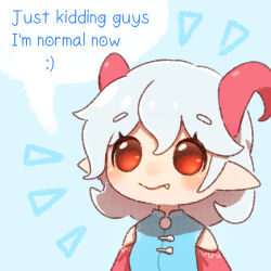 1girl :&gt; bare_shoulders blue_background blue_dress bob_cut buttons chinese_clothes detached_sleeves dress emoticon english_text evil_grin evil_smile fang fork green_tea_reimu grin hair_between_eyes highres horns mandarin_collar medium_hair pointy_ears red_horns red_sleeves smile solo speech_bubble spoken_expression spoon touhou toutetsu_yuuma white_hair