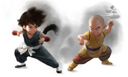 2boys bald bald_male black_eyes black_hair dragon_ball dragon_ball_(classic) fighting_stance flying_nimbus happy highres kuririn martial_arts multiple_boys realistic sangsoo_jeong shaolin_monk smile smug son_goku tail