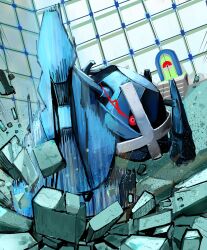 black_sclera colored_sclera commentary_request dai_roku_ten_mao debris door eye_trail gen_3_pokemon highres in-universe_location light_trail metagross motion_blur nintendo no_humans poke_ball_symbol pokemon pokemon_(creature) pokemon_focus pokemon_rse red_eyes solo stairs v-shaped_eyes