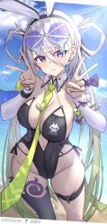 Rule 34 | 1girl, absurdres, animal ears, armband, bare shoulders, black one-piece swimsuit, black trim, breasts, double v, eyewear on head, fake animal ears, fate/grand order, fate (series), frilled armband, frills, gradient hair, green hair, green necktie, grey hair, hair rings, highleg, highleg one-piece swimsuit, highres, huyan zhuo (fate), huyan zhuo (swimsuit) (fate), large breasts, long hair, looking at viewer, multicolored hair, navel, necktie, novelty glasses, one-piece swimsuit, plunging neckline, rabbit ears, solo, sunglasses, swimsuit, toukan, v