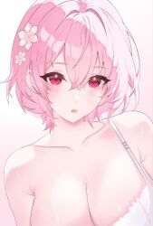 1girl alternate_costume armpit_crease bare_shoulders bra breasts cleavage collarbone commentary double-parted_bangs english_commentary flower hair_between_eyes hair_flower hair_ornament highres hololive hololive_english large_breasts looking_at_viewer mori_calliope mori_calliope_(kawaiiope) open_mouth pink_hair red_eyes short_hair simple_background single_strap stedella_qwq underwear upper_body virtual_youtuber white_background white_bra white_flower