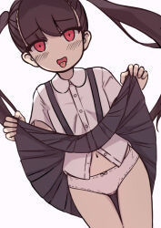 1girl black_skirt blush bow bow_panties brown_hair clothes_lift flat_chest kai_ooo1 loli long_hair looking_at_viewer navel open_mouth original panties red_eyes school_uniform shirt short_sleeves sketch skirt skirt_lift smile standing suspender_skirt suspenders tongue tongue_out twintails underwear white_background white_bow white_panties white_shirt