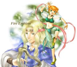 1boy 1girl :d arm_up blonde_hair circlet copyright_name double_bun elffin_(fire_emblem) fire_emblem fire_emblem:_the_binding_blade hair_bun harp instrument larum_(fire_emblem) leg_up long_hair looking_at_viewer navel nintendo open_mouth orange_hair pink_ribbon ribbon short_hair smile standing standing_on_one_leg usachu_now