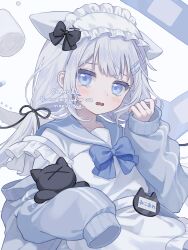 Rule 34 | 1girl, animal ears, apron, bandaid, black ribbon, blue bow, blue bowtie, blue eyes, blue jacket, blue sailor collar, blush, borrowed character, bow, bowtie, cat ears, cat girl, commentary request, commission, fang, frilled apron, frilled hairband, frills, grey hair, hair ornament, hair ribbon, hairband, hairclip, hand up, highres, jacket, long hair, long sleeves, looking at viewer, myon rio, open clothes, open jacket, open mouth, original, parallel hairclips, ribbon, sailor collar, sample watermark, simple background, skeb commission, sleeves past fingers, sleeves past wrists, solo, tears, track jacket, upper body, watermark, white apron, white background, white hairband
