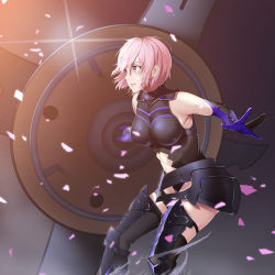 1girl absurdres armor armored_leotard black_leotard black_thighhighs blue_eyes breasts breasts_apart clothing_cutout elbow_gloves fate/grand_order fate_(series) faulds female_focus floating_hair from_side gloves hair_between_eyes highres holding holding_shield large_breasts leotard mash_kyrielight mash_kyrielight_(demi-servant) midriff navel navel_cutout parted_lips pink_hair purple_gloves shield short_hair solo stomach thighhighs wakagon0727
