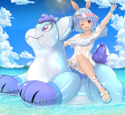 1girl afloat animal_ears arm_up beach bikini bikini_under_clothes blue_bikini blue_hair cloud frilled_bikini frills highres hololive inflatable_toy mista_555 ocean one_eye_closed open_mouth orange_eyes rabbit rabbit_ears riding shirt short_hair sky solo straddling sunlight swimsuit usada_pekora usada_pekora_(summer) v virtual_youtuber visor_cap water wet wet_clothes wet_shirt
