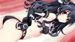 1girl ass bare_shoulders belly black_hair black_sister blush bodysuit breasts butt_crack choujigen_game_neptune choujigen_game_neptune_mk2 compile_heart curious detached_sleeves dress ears elbow_gloves gloves green_eyes hair_ornament hair_ribbon hairclip idea_factory iwashi_dorobou_-r- long_hair looking_at_viewer midrff neck neptune_(series) nervous open_mouth power_symbol red_background red_eyes revealing_clothes ribbon small_breasts solo surprised thighs tsundere twintails two_side_up uni_(neptunia) unsure white_hair