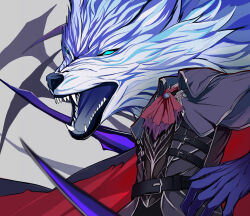 Rule 34 | 2boys, absurdres, animal, belt, black shirt, blue eyes, cape, fate/grand order, fate (series), headless, hessian (fate), highres, lobo (fate), multiple belts, multiple boys, open mouth, red cape, sharp teeth, shirt, teeth, twitter username, uriuriyukitti, white hair, wolf