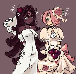 2girls black_forest_cookie blush bridal_veil brown_hair cookie_run cookie_run:_kingdom cross-shaped_pupils dark-skinned_female dark_skin dress gloves hair_intakes hair_ornament highres holding long_hair looking_at_viewer mako_ronii multiple_girls puffy_short_sleeves puffy_sleeves short_hair short_sleeves symbol-shaped_pupils veil wedding_cake_cookie wedding_dress white_dress white_gloves