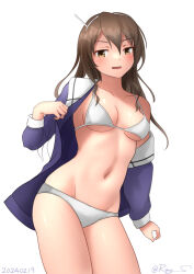 1girl ashigara_(kancolle) ashigara_kai_ni_(kancolle) bikini breasts brother_and_sister brown_eyes brown_hair dated_commentary groin hairband jacket kantai_collection long_hair looking_at_viewer medium_breasts military_jacket military_uniform navel one-hour_drawing_challenge open_clothes open_jacket purple_jacket ray.s siblings solo swimsuit wavy_hair white_bikini white_hairband