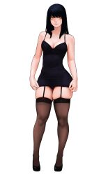 1girl black_dress black_hair black_panties black_thighhighs breasts chainsaw_man cleavage closed_mouth commentary dress facial_scar full_body garter_straps highres large_breasts long_hair looking_at_viewer panties ringed_eyes scar scar_on_cheek scar_on_face scar_on_nose shaardy short_dress simple_background skindentation solo standing thighhighs underwear white_background yellow_eyes yoru_(chainsaw_man)