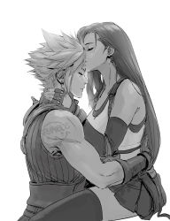 1boy 1girl artist_name bare_shoulders black_hair black_skirt black_thighhighs closed_eyes cloud_strife couple detached_sleeves earrings final_fantasy final_fantasy_vii final_fantasy_vii_remake fingerless_gloves gloves greyscale hand_on_another&#039;s_back hand_on_another&#039;s_neck hetero highres jewelry kiss kissing_forehead long_hair low-tied_long_hair monochrome skirt sleeveless sleeveless_turtleneck spiked_hair spykeee tank_top thighhighs tifa_lockhart turtleneck white_background