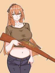 1girl absurdres black_pants black_shirt bolt_action breasts brown_eyes brown_hair cimol95 commentary cowboy_shot girls&#039;_frontline gun highres holding holding_gun holding_weapon ibispaint_(medium) large_breasts long_hair looking_at_viewer m1903_springfield midriff navel outline pants rifle scope shirt short_sleeves simple_background smile solo springfield_(girls&#039;_frontline) symbol-only_commentary t-shirt weapon white_outline yellow_background