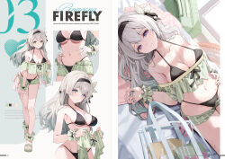 1girl alternate_costume bare_shoulders bikini black_bikini black_bow black_hairband blue_pupils bow breasts character_name closed_mouth clothes_pull commentary_request cover cover_page firefly_(honkai:_star_rail) full_body gradient_hair green_shirt green_shorts green_wrist_cuffs grey_hair hair_bow hairband highres honkai:_star_rail honkai_(series) light_smile long_hair looking_at_viewer lying medium_breasts motto_(night_wear) multicolored_eyes multicolored_hair multiple_views navel on_back open_fly shirt shorts shorts_pull standing stomach string_bikini swimsuit thighs wrist_cuffs