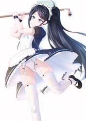 Rule 34 | 1girl, absurdres, apron, aris (blue archive), aris (maid) (blue archive), black dress, black hair, black shoes, blue archive, blue eyes, commentary request, dress, garter straps, gluteal fold, highres, holding, kaidou nora-, kei (robot) (blue archive), long hair, maid, maid headdress, official alternate costume, official alternate hairstyle, panties, ponytail, shoes, simple background, skindentation, smile, standing, standing on one leg, thighhighs, underwear, upskirt, white apron, white background, white panties, white thighhighs