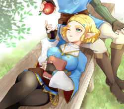 1boy 1girl ;d apple black_gloves black_pants blonde_hair blue_shirt book boots braid breasts brown_boots brown_pants champion&#039;s_tunic_(zelda) commentary_request crown_braid fingerless_gloves fold-over_boots food fruit gloves gold_trim grass green_eyes hand_on_lap highres holding holding_book holding_food holding_fruit lap_pillow large_breasts link lying nintendo on_back one_eye_closed open_mouth pants pointy_ears princess_zelda shirt short_hair sitting smile solo_focus teraichigo the_legend_of_zelda the_legend_of_zelda:_tears_of_the_kingdom